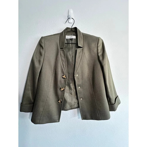 Tahari Arthur S Levine Womens Blazer Jacket Olive Green Three Button Textured - Picture 12 of 16
